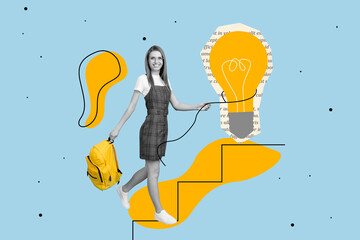 Poster - Creative collage picture of positive black white colors girl hold bag climb walk drawing stairs hold string light bulb isolated on drawing background