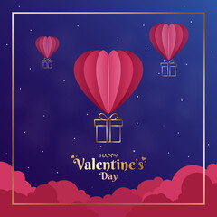 Wall Mural - Happy Valentine’s Day Modern Square Poster Vector Illustration. February 14 Holiday. Hot Air Balloon Gift Heart Design in Night sky. Social media post, greeting card, promotion invite graphic resource