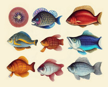Vintage Sea, Ocean Life Poster, Collection Of Fishes From The 19th Century. Retro Marine Biology Poster. Generative Ai