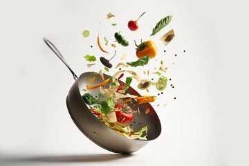 Cooking concept. Vegetables flying out of the pan isolated on white background ,Generative ai

