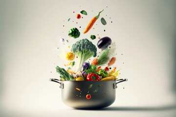 Cooking concept. Vegetables flying out of the pan isolated on white background ,Generative ai
