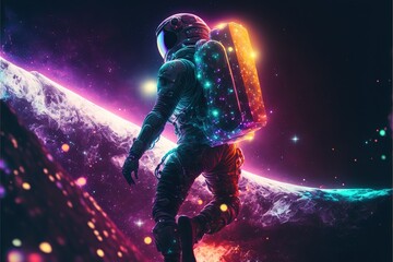 Wall Mural - Astronaut Surfing in the nebula water wave and stars with neon light effects. Astronaut surfing in the galaxy. astronaut. high-definition colorful galaxy. universe. galaxy. Generative AI