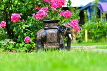 Garden Decoration, Chinese Elephant Figurine, Landscaping. Decorations In The Flower Garden.