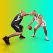 © Andrii IURLOV - Basketball players on Sports background, collage of different professional athletes on gradient multicolored neon background.