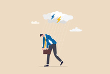 Having bad day, disappointed work, discourage or depression, failure feeling bad or difficulty, having problem and trouble concept, depressed wet businessman walking in raining thunderstorm.y