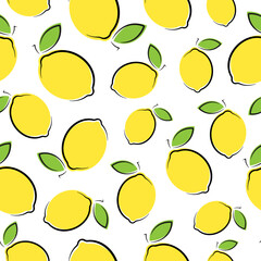 Wall Mural - Lemons vector seamless pattern. Doodle elements on white background. Best for textile, wallpapers, home decoration, wrapping paper, package and web design.