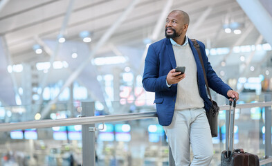 Poster - Businessman, phone and luggage at airport for travel, journey or checking flight times or destinations. Happy black man, person or employee holding smartphone for schedule, traveling or work trip