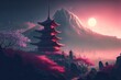 beautiful scenery in night time of Chinese ancient pagoda in spring time with cherry blossom tree and mountain as background Generative Ai