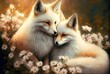 cute animal lover cuddle hug each other in blossom flowers field in dreamy fantasy spring time, idea for family love atmosphere or Valentine's day background wallpaper, white fox Generative Ai