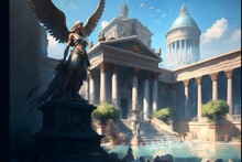 Fantasy City Concept Art Crowds Blue And White Roman And Greek Setting Spartan Setting Statues Of Angels River And Gardens Glorious Epic Artstation 