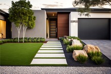 A Contemporary Australian Home Or Residential Building's Front Yard Features Artificial Grass Lawn Turf With Timber Edging Generative Ai