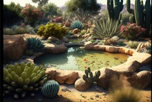 A Garden Featuring A Variety Of Desert Plants, Such As Cacti And Succulents, With A Central Pond Or Stream And A Variety Generative Ai
