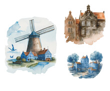 Hand Drawn Watercolor Set Of Vintage Dutch Landscape Illustrations, Delft Blue Watercolor Set. Vintage Holland Watercolor.
