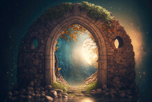 Magic Portal In Ancient Stone Arch Fairytale Background