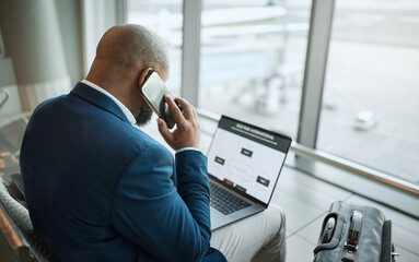 Aufkleber - Travel, phone call and businessman at an airport working on a laptop and waiting at terminal or boarding lounge. Entrepreneur, corporate or employee using computer at airline using his cellphone