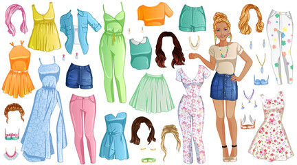 Wall Mural - Spring Time Paper Doll with Beautiful Lady, Outfits, Hairstyles and Accessories. Vector Illustration