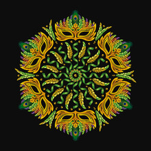Round Yellow And Green Pattern Like Mandala For Carnival. Masquerade Mask, Colorful Feathers, Peacock Feather, Spiral Ribbons, Streamers, Beads. For Prints, Clothing, T Shirt, Plate, Surface Design
