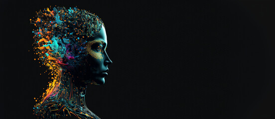 Head tech brain black background. Created with generative Ai technology.