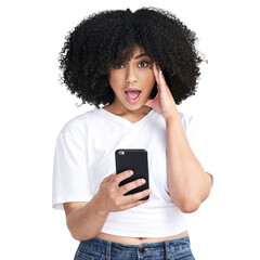 Wall Mural - An attractive young woman using a smartphone and looking shocked isolated on a PNG background.