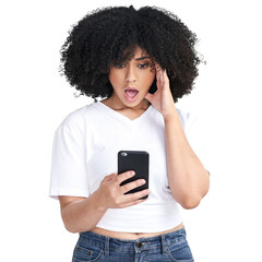 An attractive young woman using a smartphone and looking shocked isolated on a PNG background.