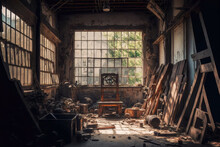 Large Abandoned Workshop With Windows And Broken Through Wall