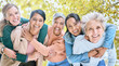 © Jade Maas/peopleimages.com - Friends, nature and portrait of group of women enjoying bonding, quality time and relax in retirement together. Diversity, friendship and faces of happy females with smile, hug and embrace in park
