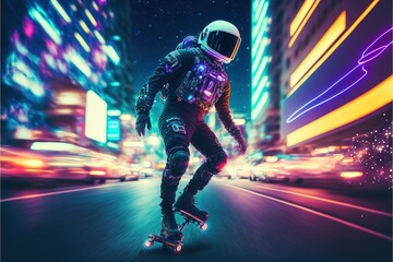 Wall Mural - Astronaut Surfing on a hoverboard in a cyberpunk city in neon light effects. Astronaut on the skateboard. astronaut. cyberpunk. illuminated exposure blur background. Generative AI