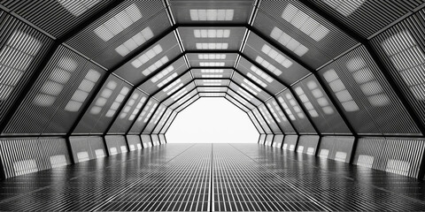 dark futuristic modern garage showroom tunnel corridor. entrance 3d illustration