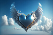 Flying Heart With Wings In Blue Sky, Generative Ai
