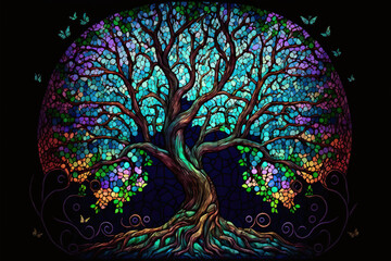 Wall Mural - Stained glass tree with colorful magical fantasy leaves and butterflies, Generative AI