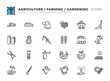 Editable Agriculture and Farming icons set. Thin line outline icons such as outhouse, agronomist, loam, weather conditions, solar batteries, depot, crofter, glasshouse, straw man, clippers vector.
