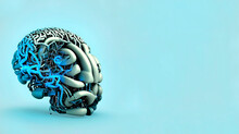 AI Concept. Posthumanism. Artificial And Mechanical Robotic Brain Over Blue Background
