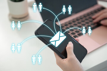 close up hand of man using smartphone sending message from E-mail to other people with network. contact concept.