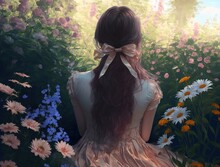 Illustration Of Cute Beautiful Backside Of A Woman, Young Girl Sitting On Grass Flower Garden