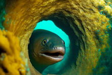 Moray Eel Peeks Out Of Round Mink At Bottom Of Ocean