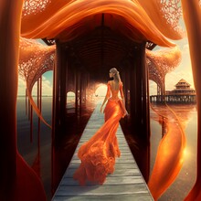 Portrait Of A Beautiful Woman Wearing A Orange Translucent Long Dress Walking On The Beach In The Maldives Dan Gerhartz Mandy Jurgens Karol Bak Style Volumetric Light Mediun Full Shot Wide Angle 