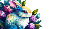 Watercolor Painting Of Rabbit Banner With Copy Space As Illustration Of Easter Bunny Hiding In Hydrangea Flowers Generative AI Art
