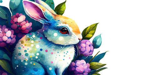 Wall Mural - Watercolor painting of rabbit banner with copy space as illustration of Easter bunny hiding in hydrangea flowers generative AI art
