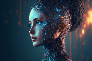 female cyborg, neon blue technology background, digital illustration made with generative ai
