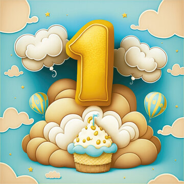 boys first birthday themed digital art large number one on cloud, cupcake infront of clouds, blue background with white and gold clouds and balloons. generative ai