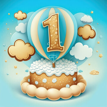 boys first birthday themed digital art large number one on hot air balloon attached to a cake, blue background with white and gold clouds. generative ai