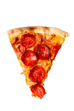 Slice Of Pepperoni Pizza With Salami On The Background. An Isolated Piece Of Pizza. Transparent File.
