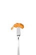 Fried shrimp in panko on a fork isolated. Full depth of field. Transparent file.