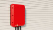 A 3D render of an off-grid inverter mounted on a light-colored siding wall. Wires are connected to the bottom of the inverter, connecting it to the city power grid and the house. 