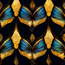Butterfly Wings Blue And Gold Symmetrical Pattern Seamless Pattern Tiles Art Nouveau Style Organic Metal Reflective High Detail Realistic Smooth Vibrant Unreal Engine Octane Render Hdr 8k 
