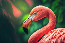 Beautiful Flamingo Close Up Potrait. Pink Flamingo Portrait. Flamingo Bird Aviary Wildlife Nature Animal Closeup. Generative Ai