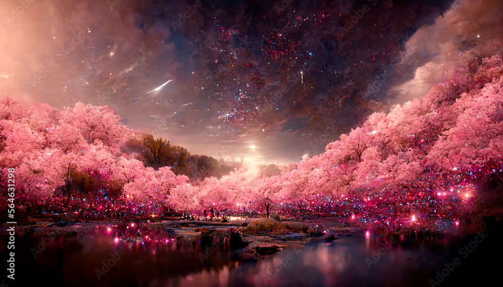 Sakura garden ethereal dreamy night landscape. Beautiful 4k wallpaper
