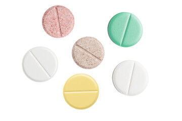 Wall Mural - Multicolored pills and tablets isolated on transparent background, top view, healthcare and medicine concept