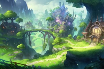 Wall Mural - Illustration digital art. Sky castle. Green forest fantasy land. Fantastic floating city. Generative AI.