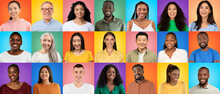 Different Happy Multiethnic People Standing Isolated Over Bright Multicolored Backgrounds